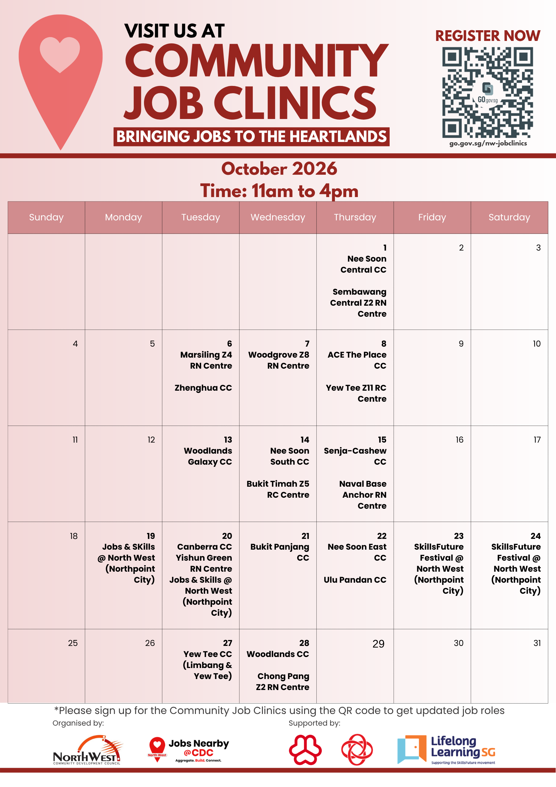 Community Job Clinics calendar for the month of October 2026